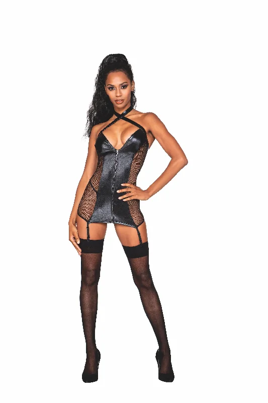 DG12447 Sexy Dreamgirl Criss-Cross Front Fishnet Mini Dress Fashionable Pleated Mini Dress