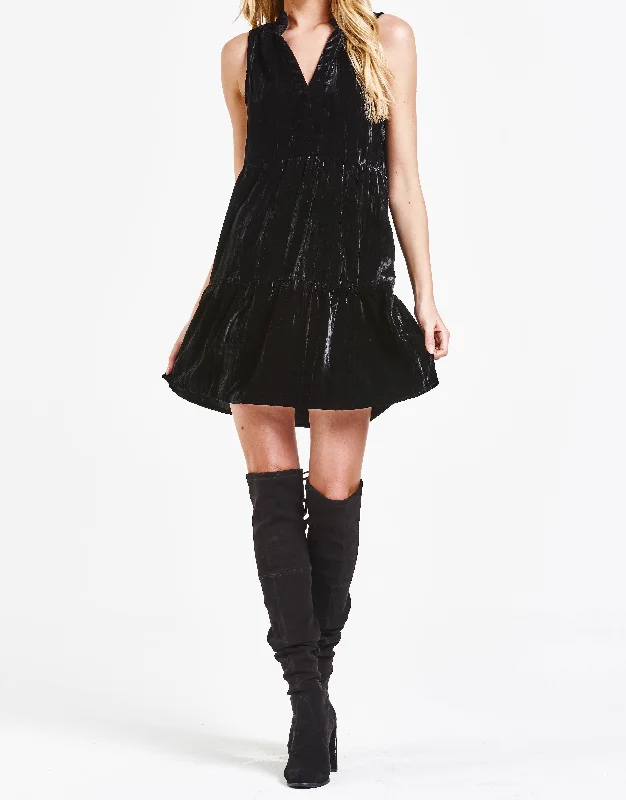ELIZA TIERED SKIRT DRESS BLACK VELVET silk skirt smooth