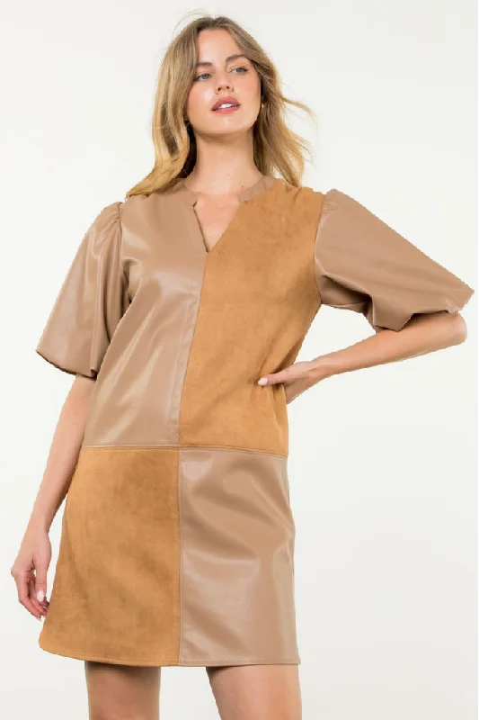 Emily Vegan Leather Checkered Mini Dress in Camel Comfortable One-Shoulder Mini Dress