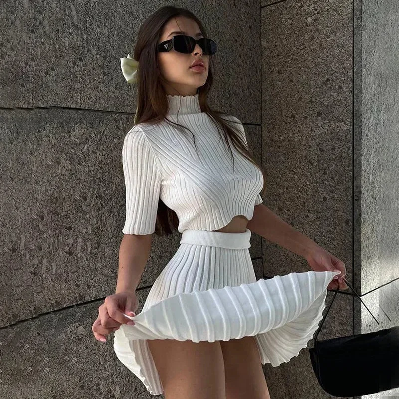 Fashion Elegant Knitted Dress Sets Sexy Pleated Matching Set Outfits for Women Winter Mini Skirts 2 Piece Sets Dress for Women flowy skirt hem