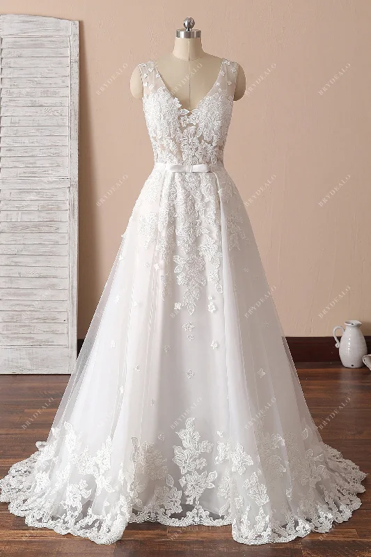 Gorgeous Lace V-neck Modern Mermaid Bridal Gown with Overskirt corduroy skirt cozy