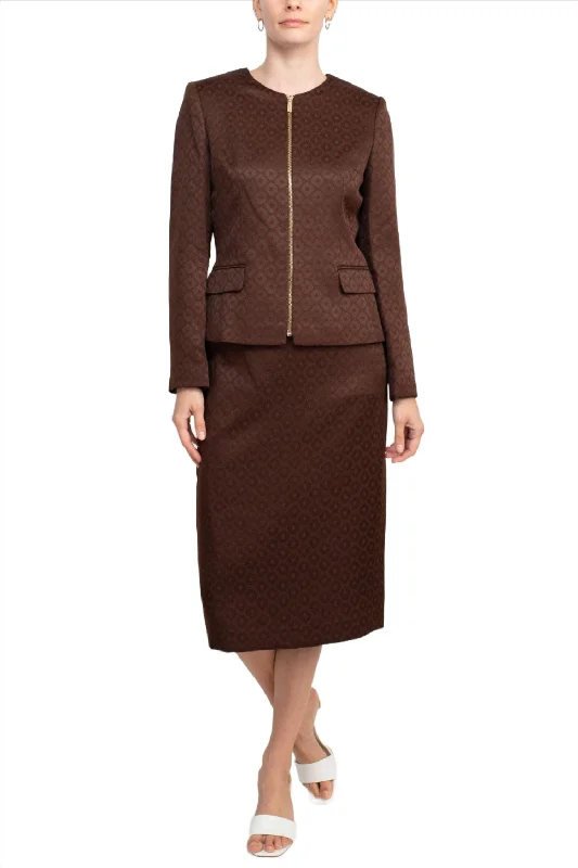 John Meyer Collection Crew Neck Long Sleeve Zipper Front Pencil Skirt Slit Back Jacquard Skirt Set corduroy skirt cozy