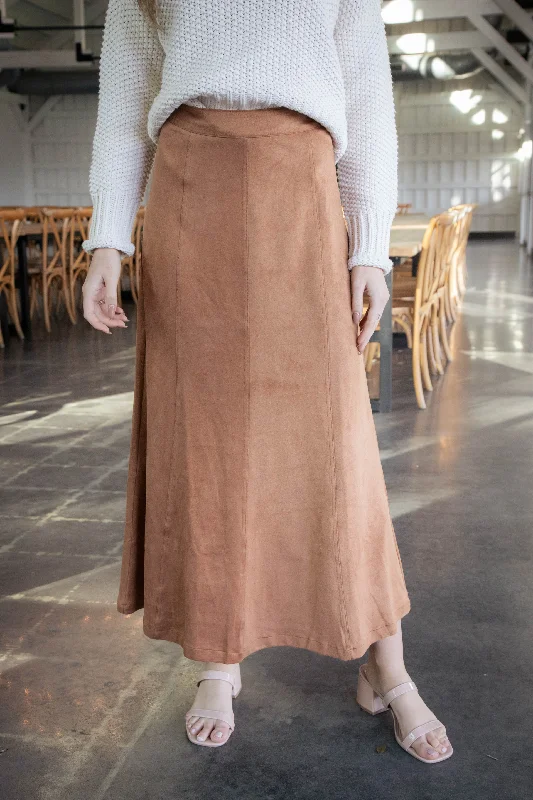 Leanne Suede Maxi Skirt, Camel high slit skirt