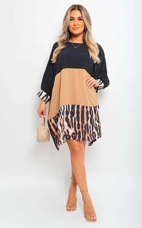 Long Sleeve Leopard Trim Print Oversized Mini Dress Elegant Sequin Mini Dress