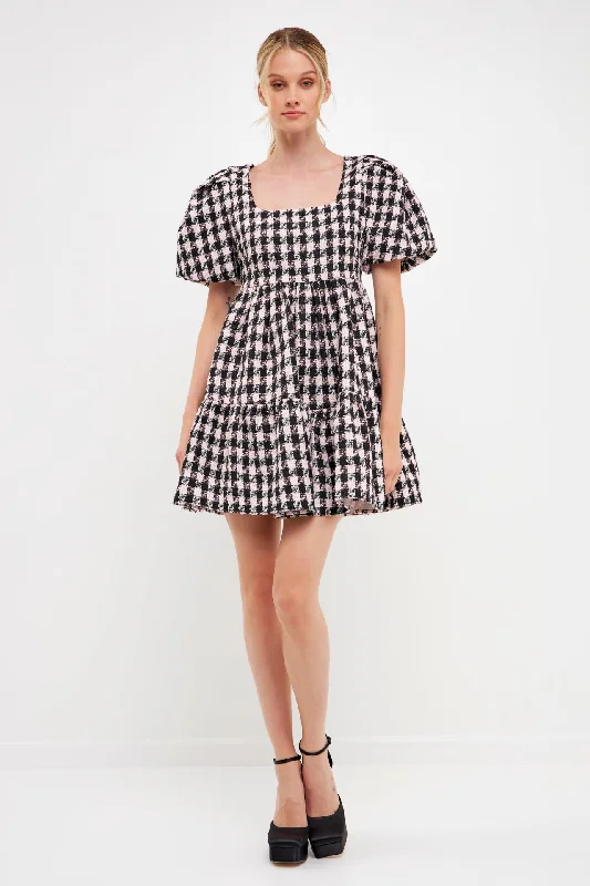 English Factory - Multi Tweed Puff Sleeve Mini Dress Classic Shift Mini Dress