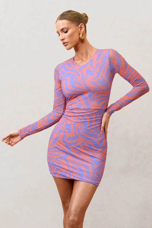 Night Sky | Orange Zebra Print Mesh Long Sleeves Mini Dress Elegant Mini Dress with Ruffles