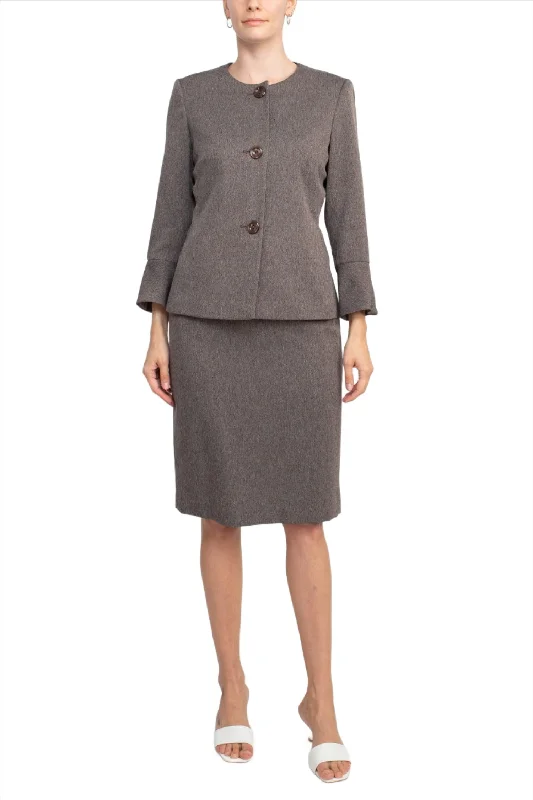 NYP Suits Crew Neck Long Sleeve 3 Button Pockets Zipper Back Slit Back Crepe Skirt Set a-line skirt cut