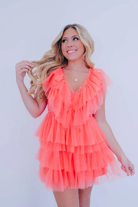 Party Perfect Tulle Tiered Mini Dress - Coral Comfortable Boho Mini Dress