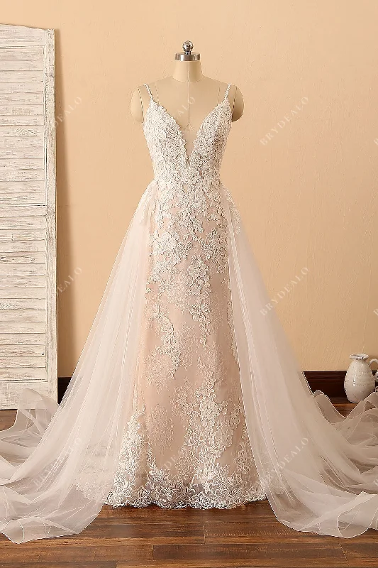 Pearl Pink Plunging Neckline Lace Tulle Modern Overskirt Bridal Gown denim skirt trendy Pearl Pink Plunging Neckline Lace Tulle Modern Overskirt Bridal Gown denim skirt trendy