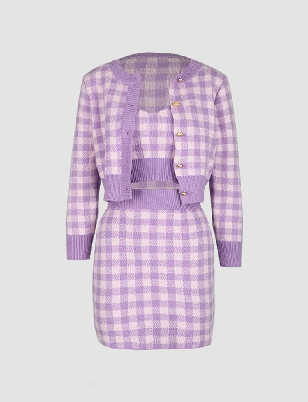Plaid Tube Top&Cardigan&Mini Skirt Three-piece Sweater Sets tiered skirt playful