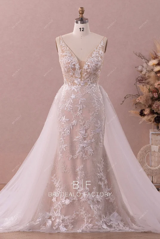 Plunge Neck Beaded Lace Mermaid Modern Overskirt Champagne Bridal Gown wool skirt sturdy Plunge Neck Beaded Lace Mermaid Modern Overskirt Champagne Bridal Gown wool skirt sturdy