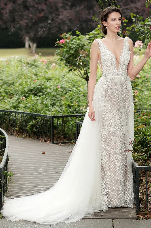 Rhombus Lace Ivory Wedding Gown with Detachable Skirt leather skirt modern
