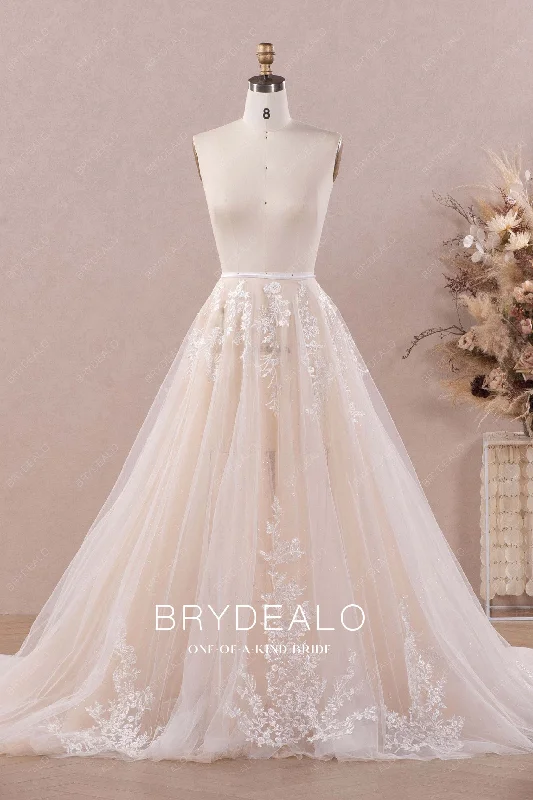 Elegant Illusion Shimmer Lace Tulle Detachable Long Bridal Overskirt a-line skirt cut
