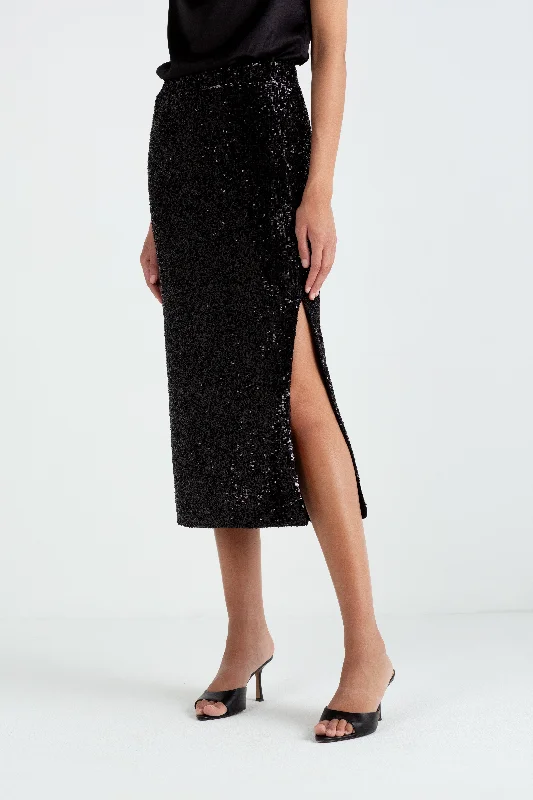 "The Orla" - Sequin Midi Skirt (Black) low waist skirt