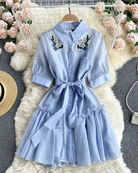 Chiffon shirt ear slim embroidered skirt floral skirt print
