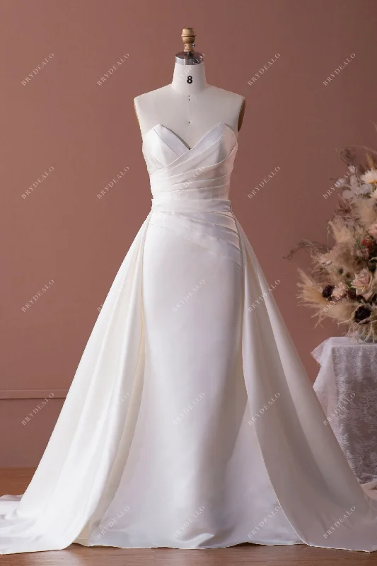 Ivory Classic Pleated V-cut Neck Satin Mermaid Bridal Gown with Overskirt vintage skirt charm