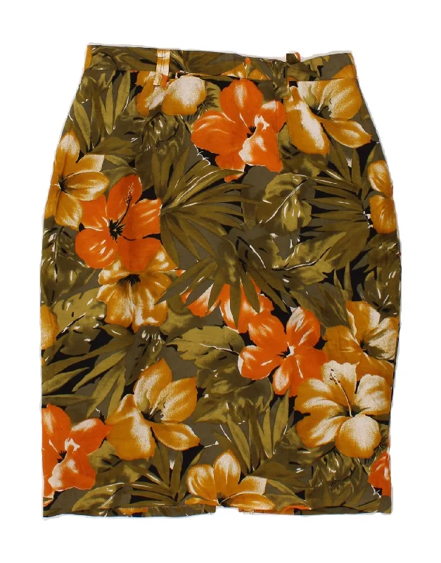 VINTAGE Womens Pencil Skirt W28 Medium  Khaki Floral Viscose leather skirt sleek