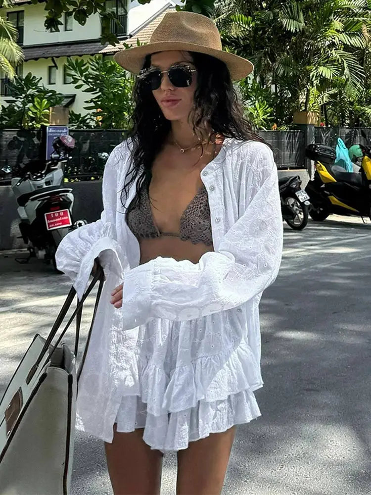 Women's Spring Hollow Out Skirt Suit Chic Long Sleeve Single Breasted Shirts Tiered Mini Skirts Set Female Summer New Beachwear leather skirt sleek