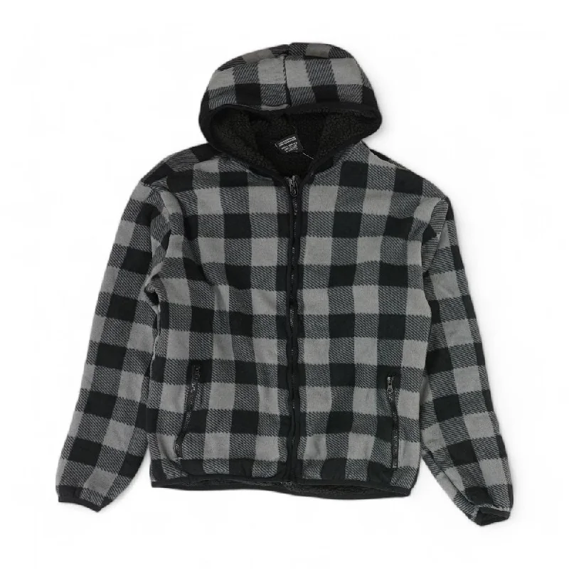 Black Plaid Lightweight Jacket Front Pockets Side Pockets Patch Pockets