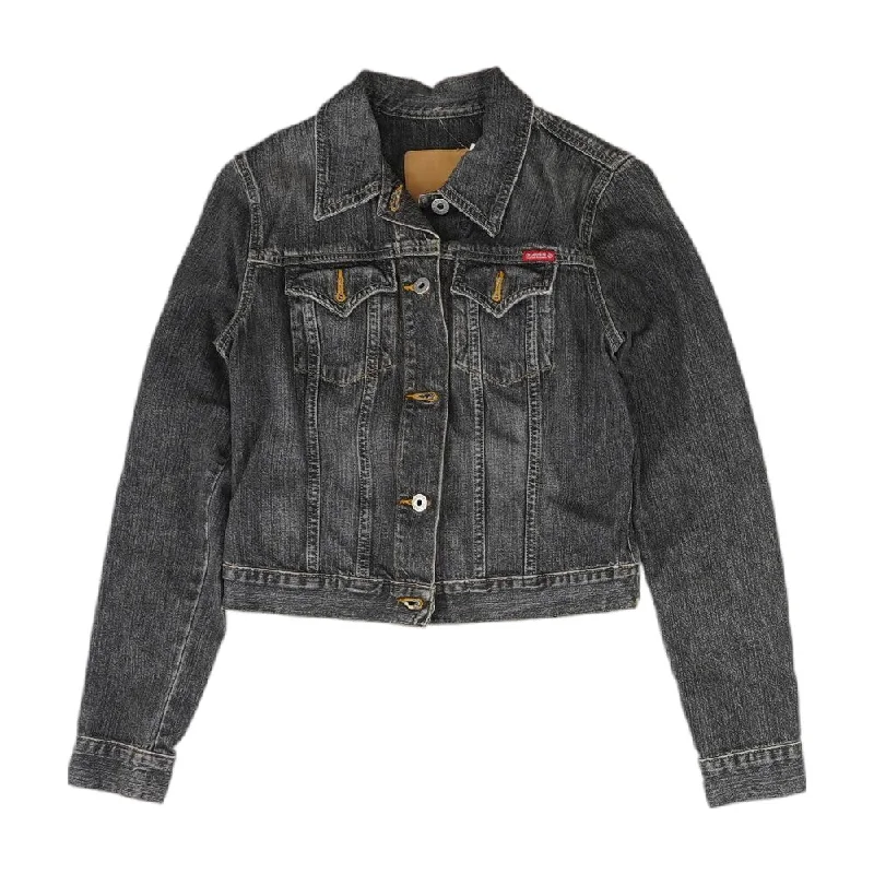 Black Solid Denim Jacket Zippered Jacket Buttoned Jacket Snapped Jacket