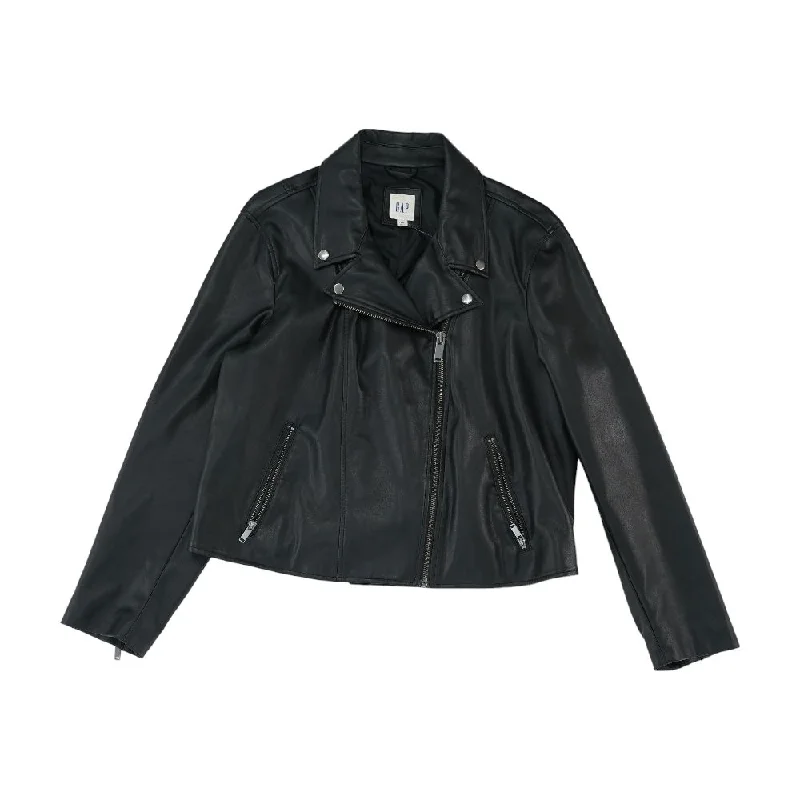 Black Solid Faux Leather Jacket Boat Neck Shawl Collar Notched Collar