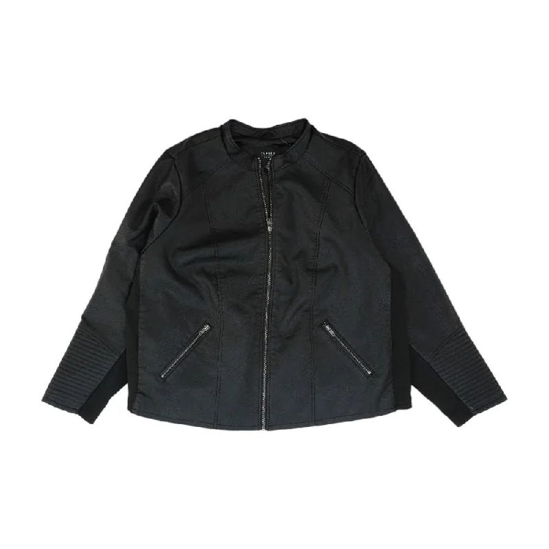 Black Solid Faux Leather Jacket Welt Pockets Slit Pockets Flap Pockets