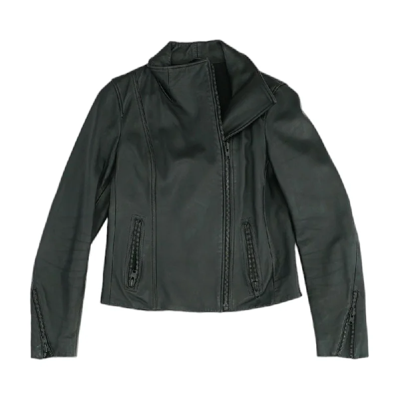 Black Solid Leather Jacket Front Pockets Side Pockets Patch Pockets