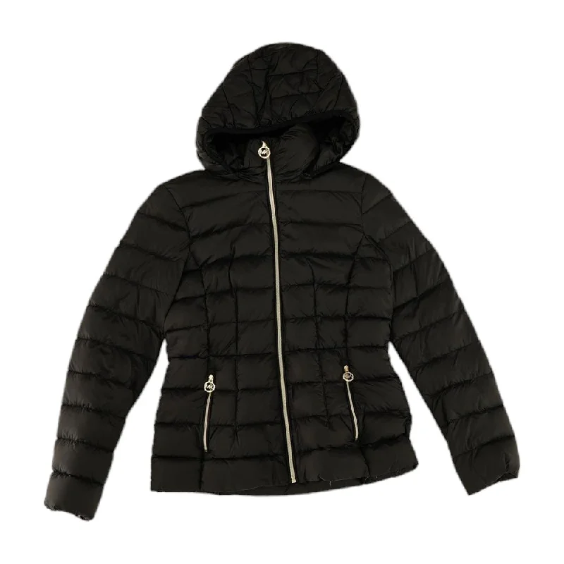 Black Solid Puffer Jacket Tiered Jacket Buttoned Jacket Zippered Jacket