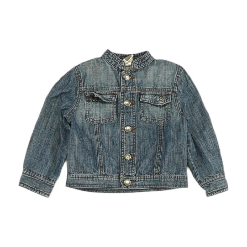 Blue Solid Denim Jacket Front Pockets Side Pockets Patch Pockets