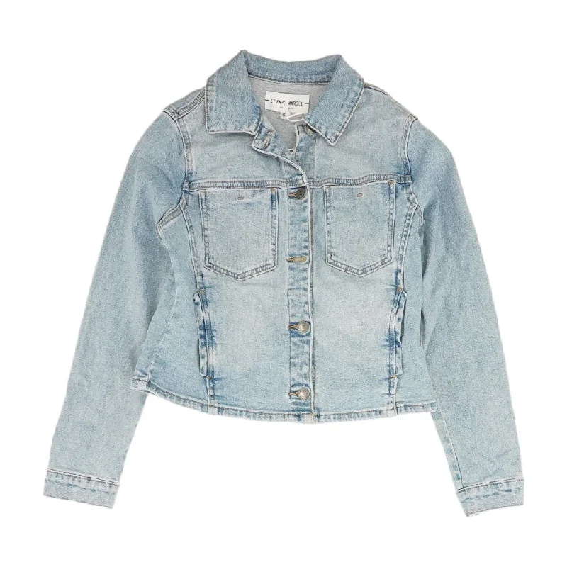 Blue Solid Denim Jacket Tiered Jacket Buttoned Jacket Zippered Jacket