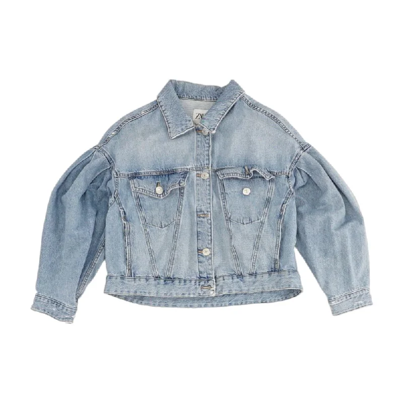 Blue Solid Denim Jacket Hoodie Zip-Up Jacket Button-Up Jacket