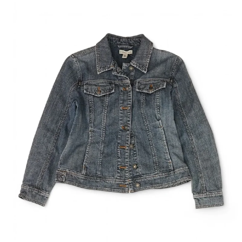 Blue Solid Denim Jacket Tiered Jacket Buttoned Jacket Zippered Jacket