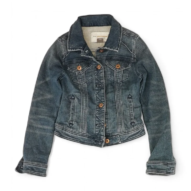 Blue Solid Denim Jacket Nylon Jacket Polyester Jacket Spandex Jacket