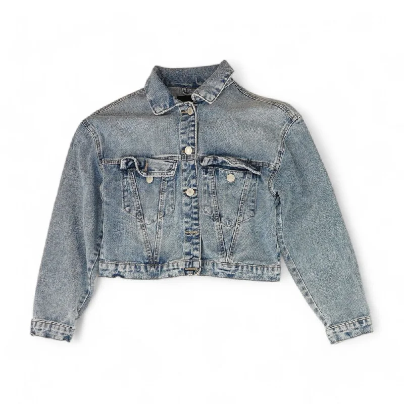 Blue Solid Denim Jacket Tiered Jacket Buttoned Jacket Zippered Jacket