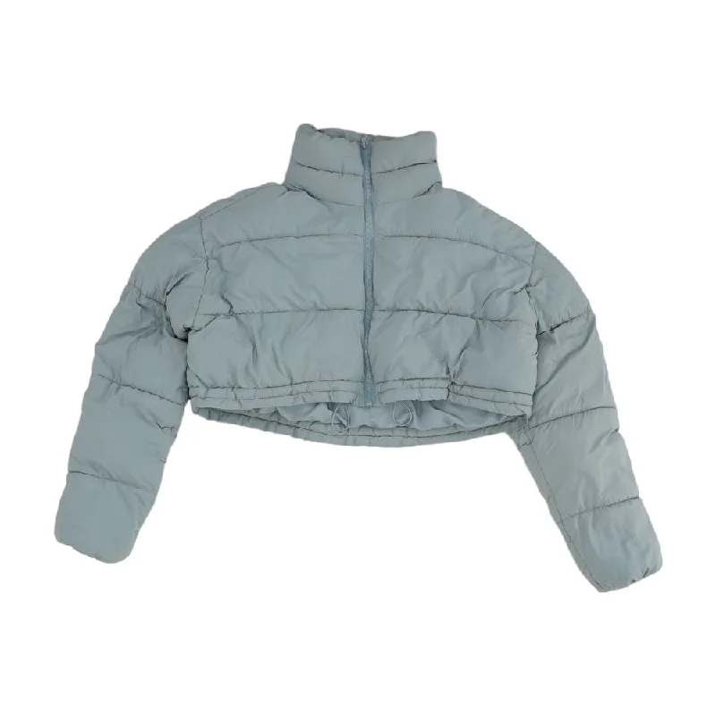 Blue Solid Jacket Hooded Jacket Caped Jacket Shawl Collar Jacket