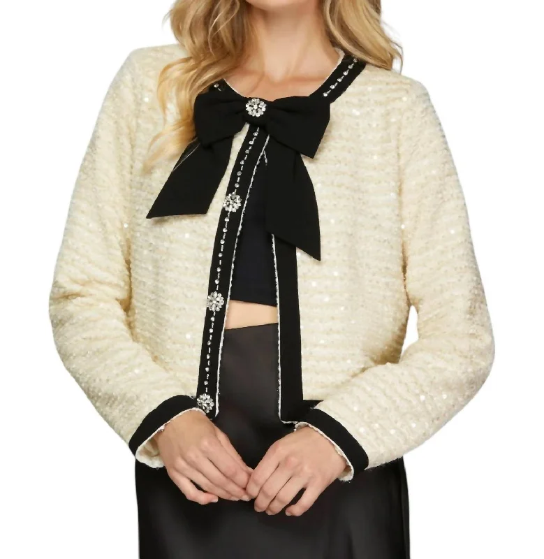 Bow Jacket In Black/cream Front Pockets Side Pockets Patch Pockets