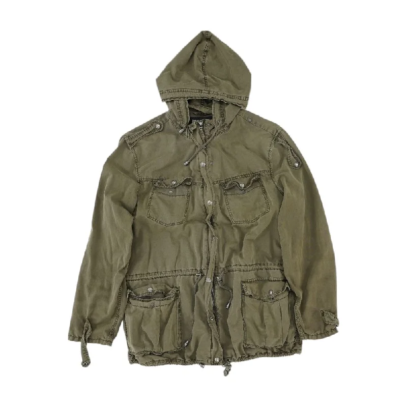 Green Solid Jacket Snapped Jacket Toggled Jacket Drawstring Jacket