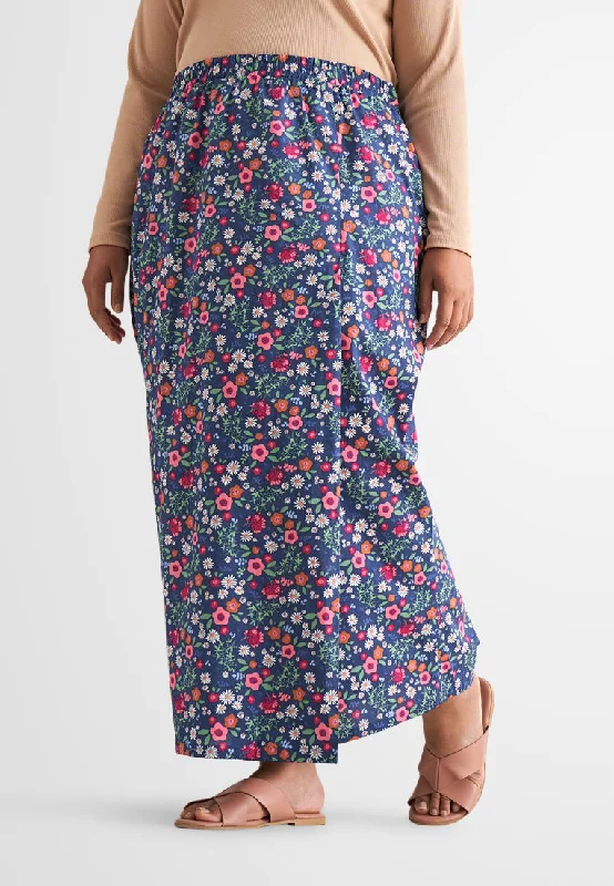 Seroja Raya Eyelet Collection Printed Cotton Skirt - Dark Blue Floral velvet skirt rich