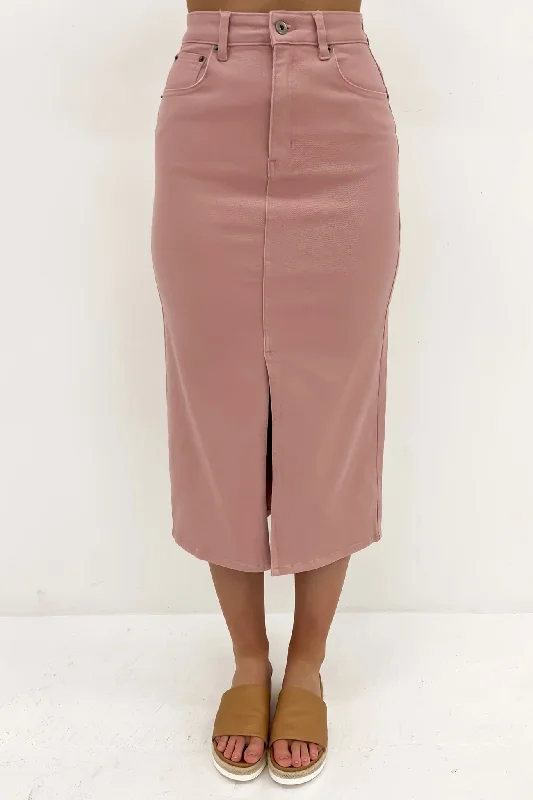 Alivia Denim Midi Skirt Pink a-line skirt cut