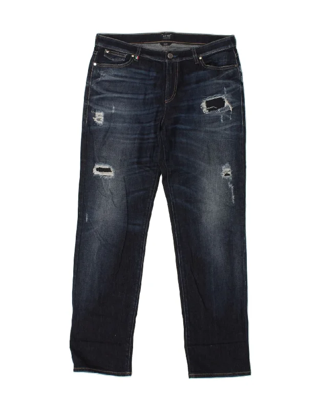 ARMANI Womens Distressed Straight Jeans W28 L31  Navy Blue Cotton Comfortable Flare Leg Jeans