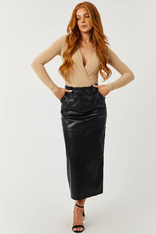 Black Faux Leather Back Slit Midi Skirt leather skirt refined