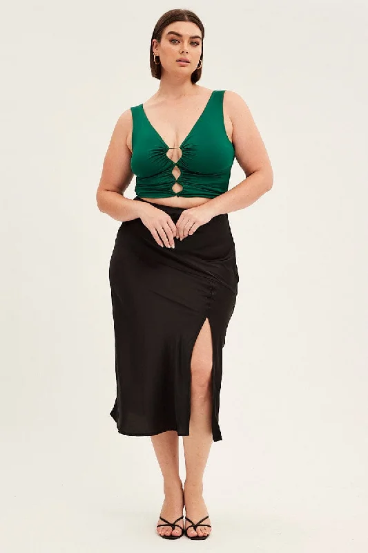 Black Midi Skirt High Waist Split Satin maxi skirt elegant