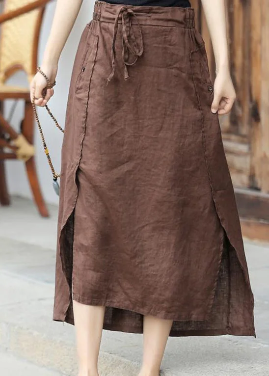 Chic Brown elastic waist tie waist Asymmetrical Pockets Linen Skirt Spring ribbed skirt waist