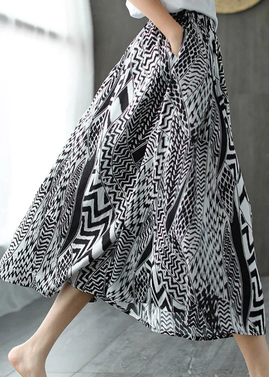 Elegant Black White Print Patchwork Pockets Elastic Waist Linen Skirt Summer corduroy skirt cozy