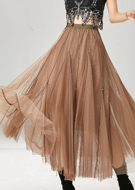 Fashion Khaki Exra Large Hem Nail Bead Tulle Skirts Spring chiffon skirt lightweight