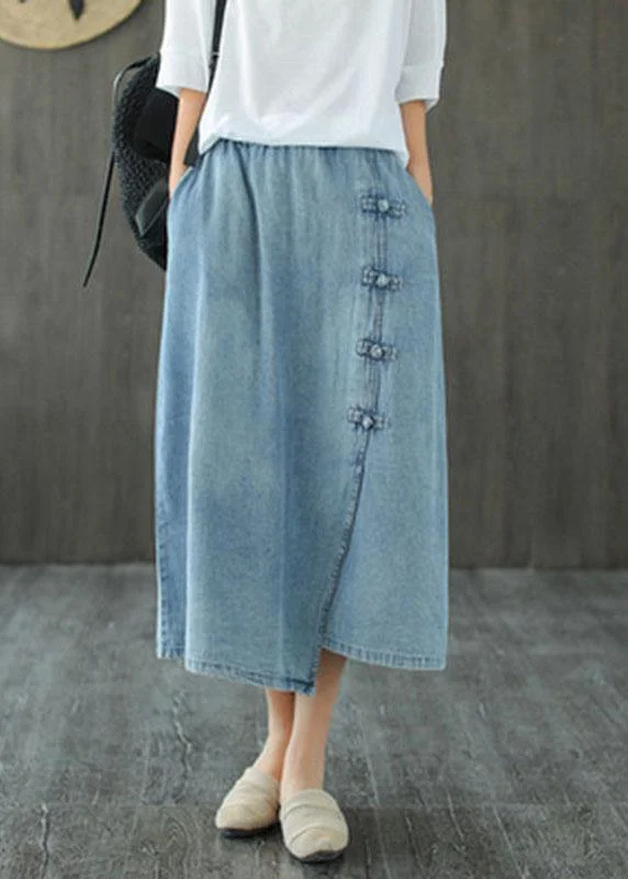 Fashion Light Blue Asymmetrical Design Button A Line Pockets Fall Skirts corduroy skirt durable