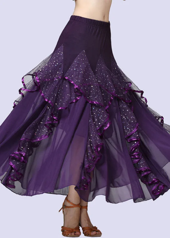 Fashion Purple Wrinkled Tulle Patchwork Sequins Cotton Skirts Summer denim skirt casual