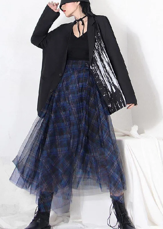 Fine Blue Plaid Button Asymmetrical Summer Skirt high slit skirt