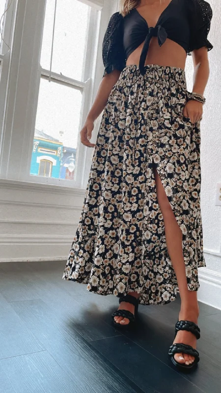 Floral Smock Waist Tiered Flared Maxi Skirt, Black denim skirt casual