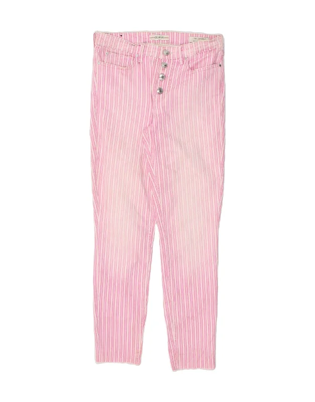 GUESS Womens High Rise Skinny Jeans W28 L27 Pink Striped Polyester Trendy Paperbag Waist Jeans